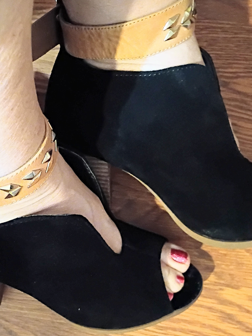 mark. Black Suede Open-Toe Ankle Strap Wedges with Tan Stud Accents
